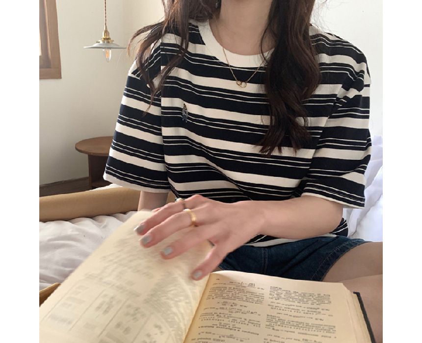 T-Shirt Crew Striped Neck Short-Sleeve