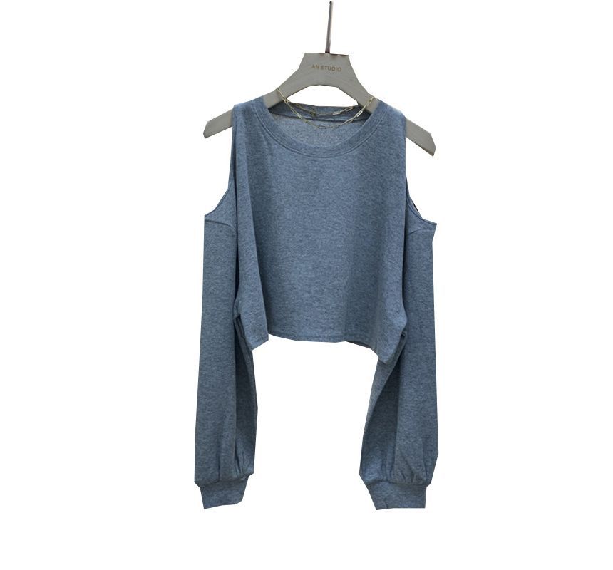 Crop Long-Sleeve Cold Shoulder Plain Tee