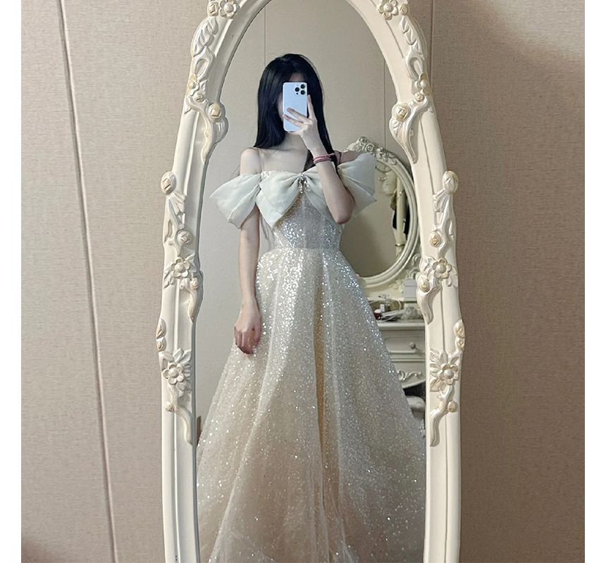 Cold-Shoulder Gown A-Line Evening Sequin Bow