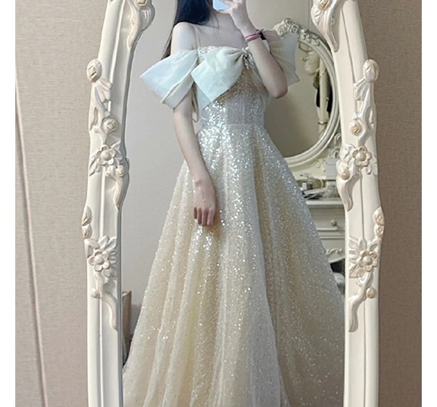 Cold-Shoulder Gown A-Line Evening Sequin Bow