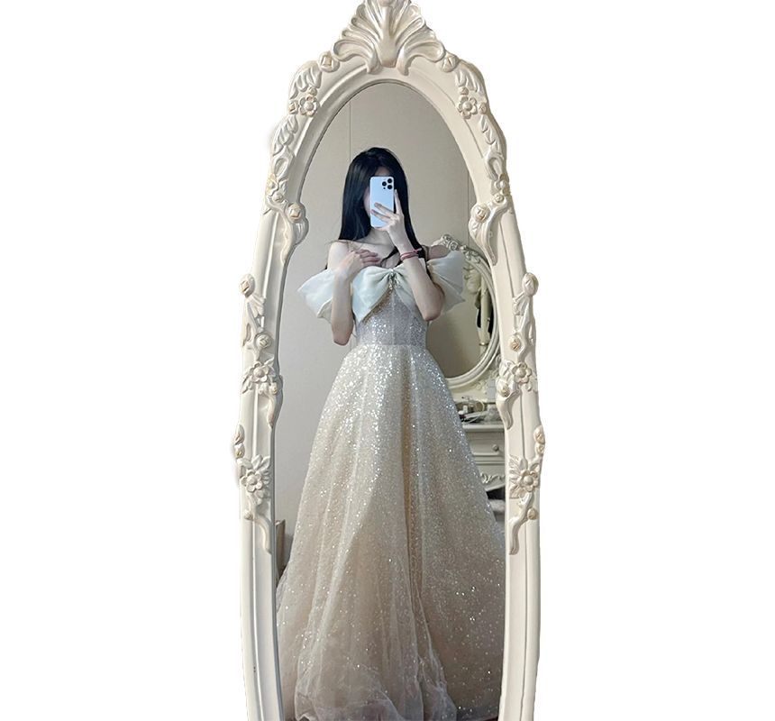 Cold-Shoulder Gown A-Line Evening Sequin Bow