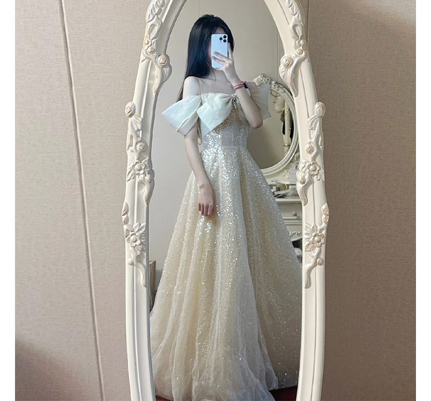 Cold-Shoulder Gown A-Line Evening Sequin Bow