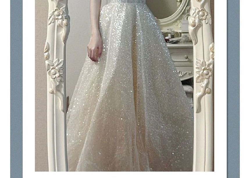 Cold-Shoulder Gown A-Line Evening Sequin Bow