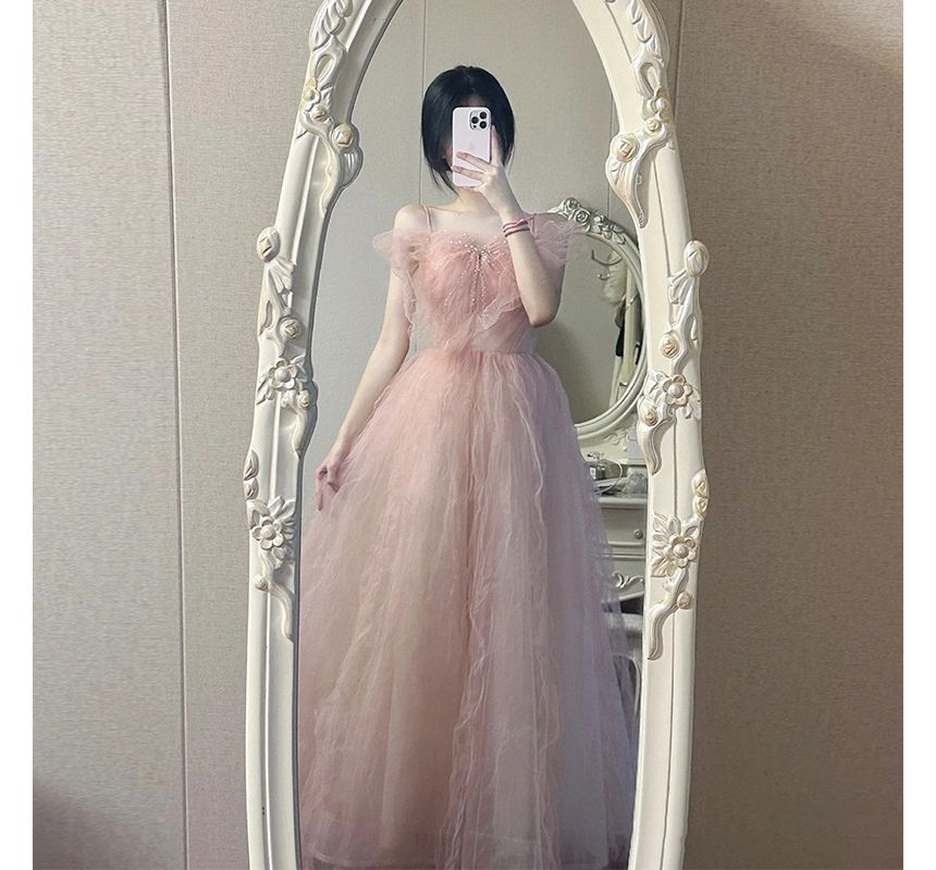 Evening Gown Bow Panel Strap Mesh A-Line Spaghetti Plain