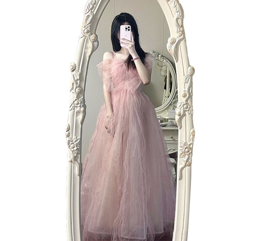 Evening Gown Bow Panel Strap Mesh A-Line Spaghetti Plain