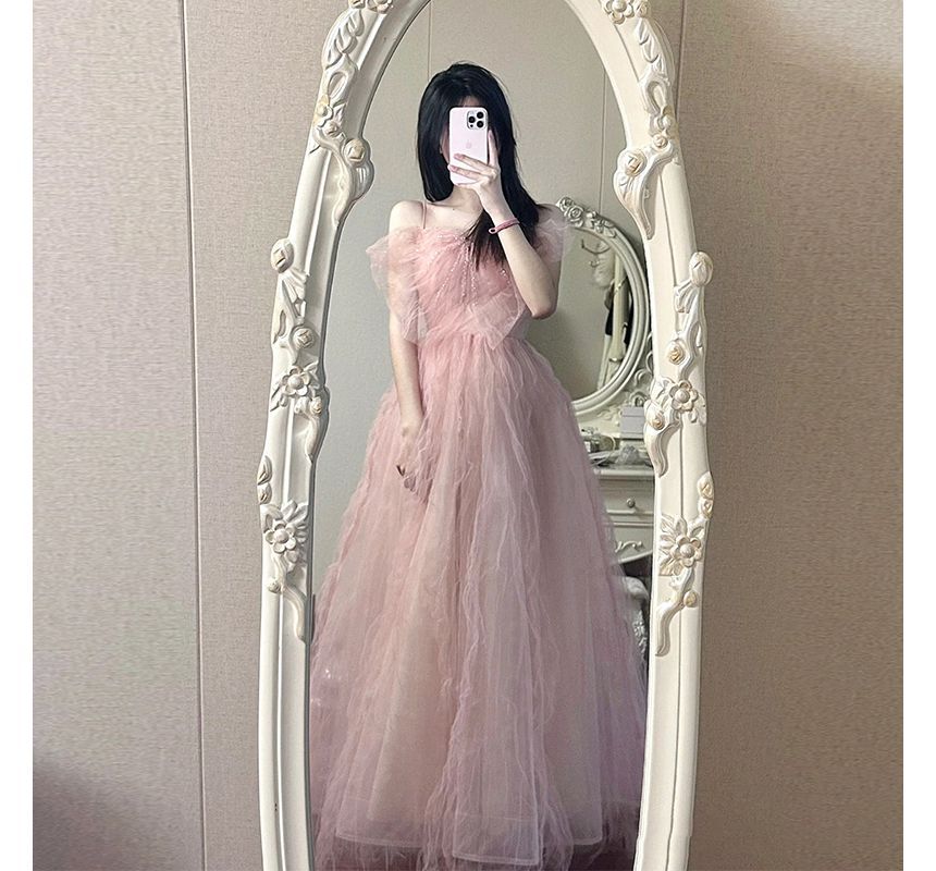 Evening Gown Bow Panel Strap Mesh A-Line Spaghetti Plain