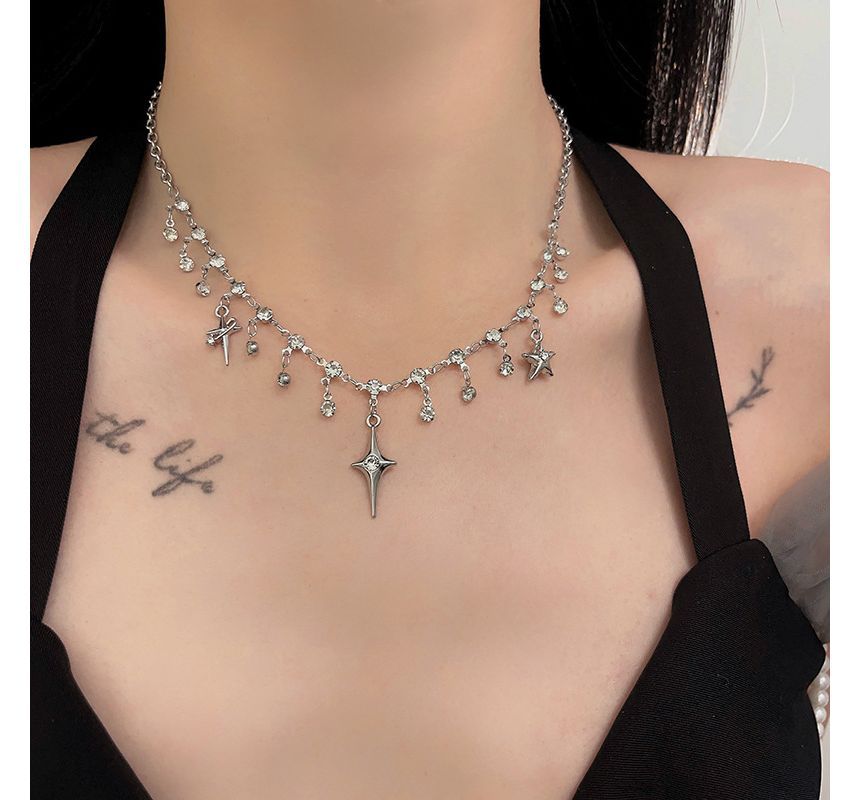 Rhinestone Fringed Choker Star Alloy