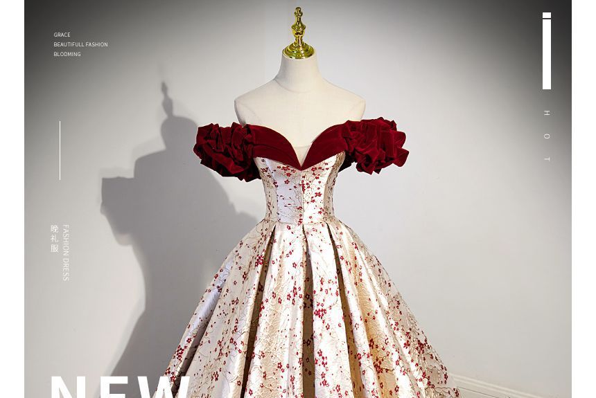 Evening Gown Ruffled Print Floral Off-Shoulder A-Line