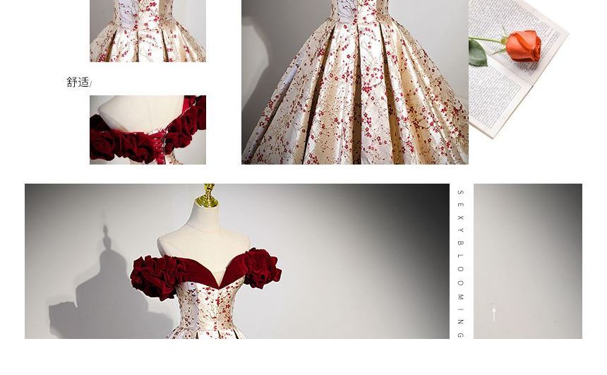 Evening Gown Ruffled Print Floral Off-Shoulder A-Line