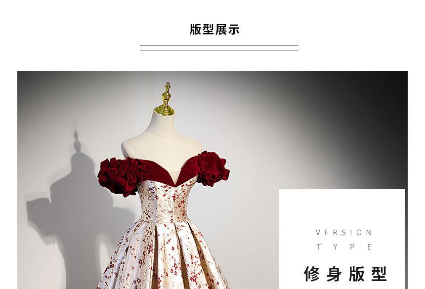 Evening Gown Ruffled Print Floral Off-Shoulder A-Line