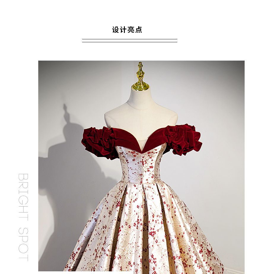 Evening Gown Ruffled Print Floral Off-Shoulder A-Line