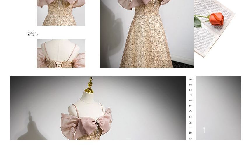 Glitter Cold-Shoulder Bow Evening Gown A-Line