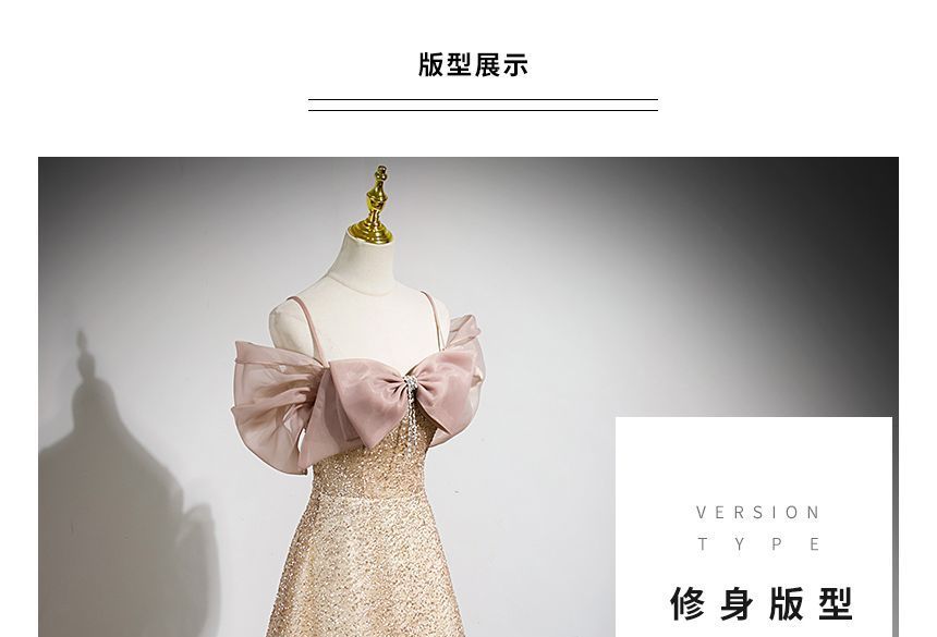 Glitter Cold-Shoulder Bow Evening Gown A-Line