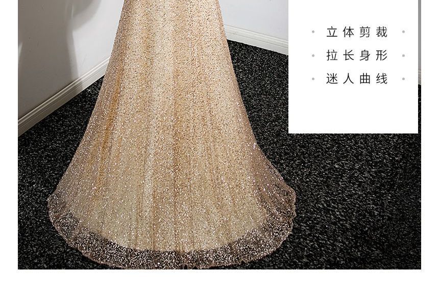 Glitter Cold-Shoulder Bow Evening Gown A-Line