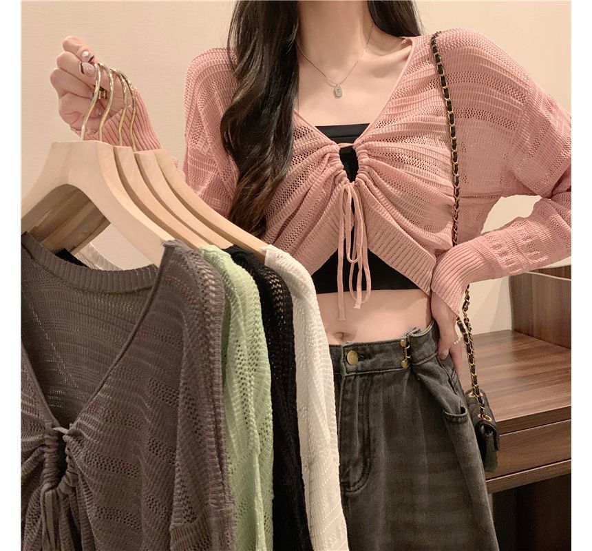 Plain Drawstring Top Cropped Knit V-Neck