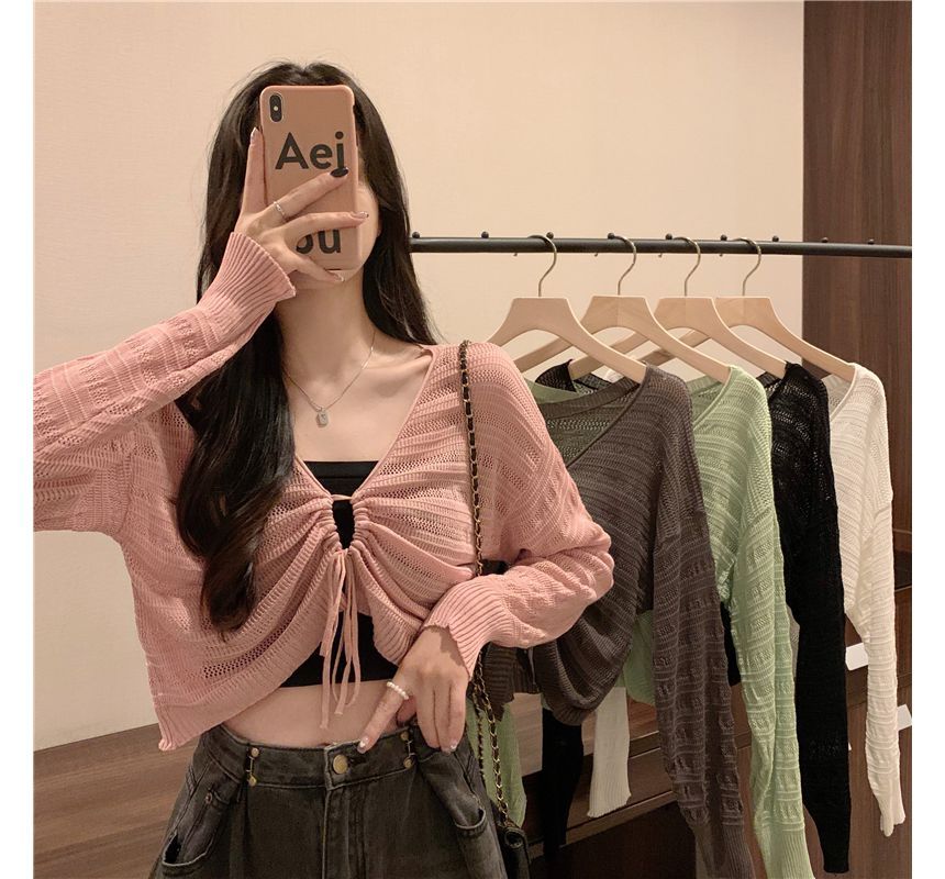 Plain Drawstring Top Cropped Knit V-Neck