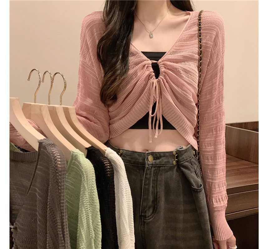 Plain Drawstring Top Cropped Knit V-Neck