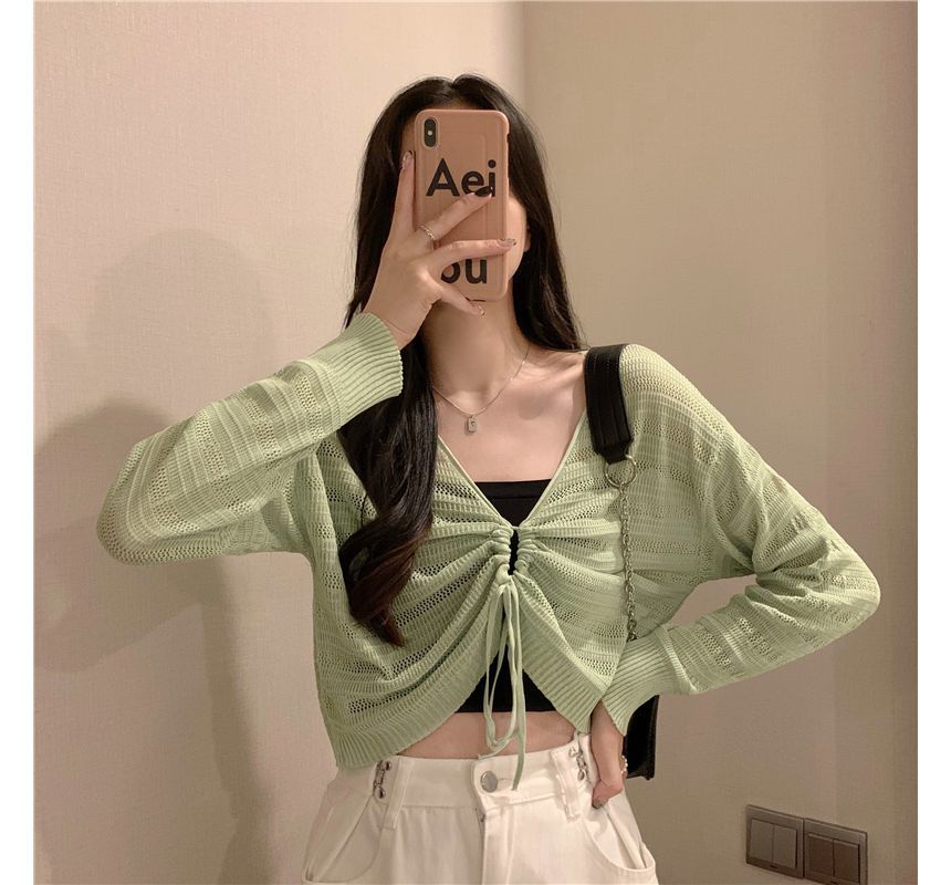 Plain Drawstring Top Cropped Knit V-Neck