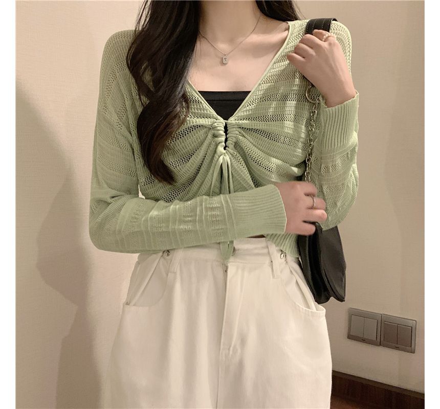 Plain Drawstring Top Cropped Knit V-Neck