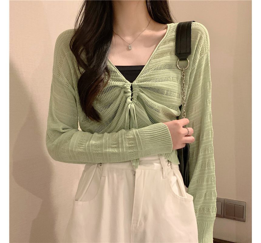 Plain Drawstring Top Cropped Knit V-Neck