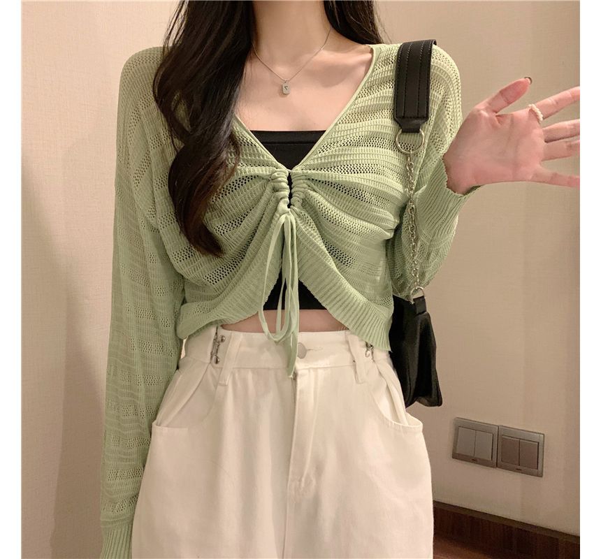 Plain Drawstring Top Cropped Knit V-Neck
