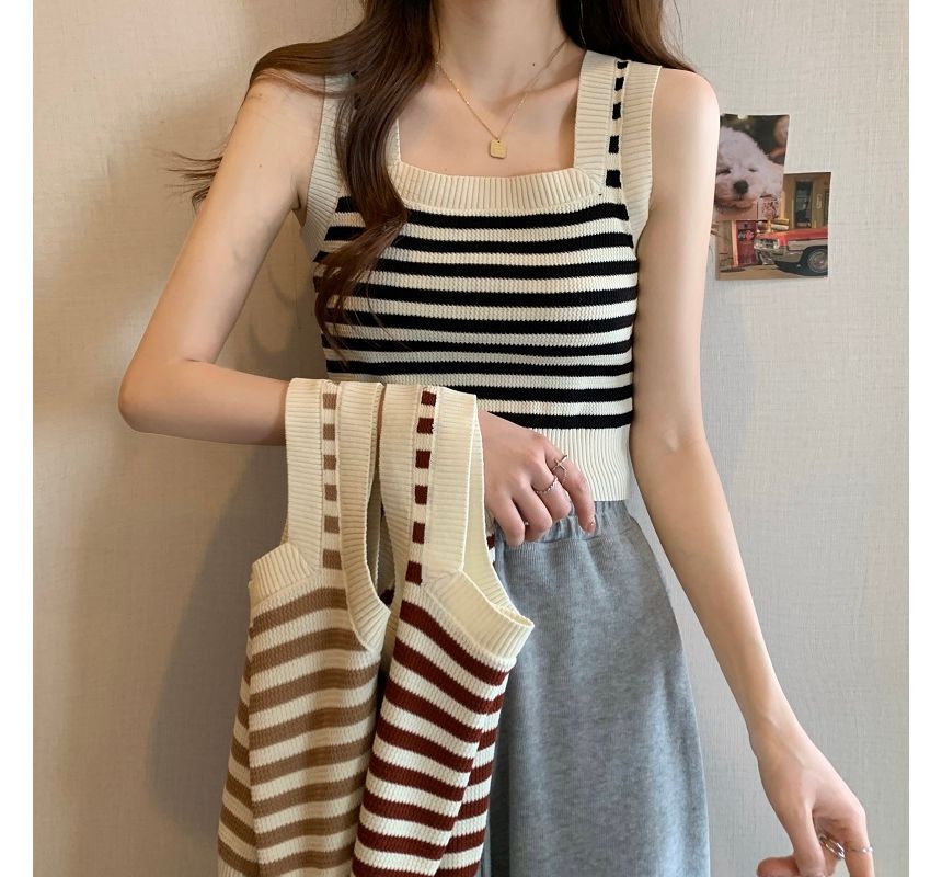 Neck Top Striped Square Crop Tank