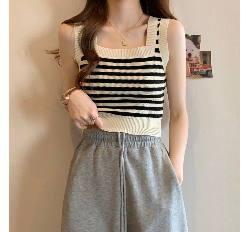 Neck Top Striped Square Crop Tank