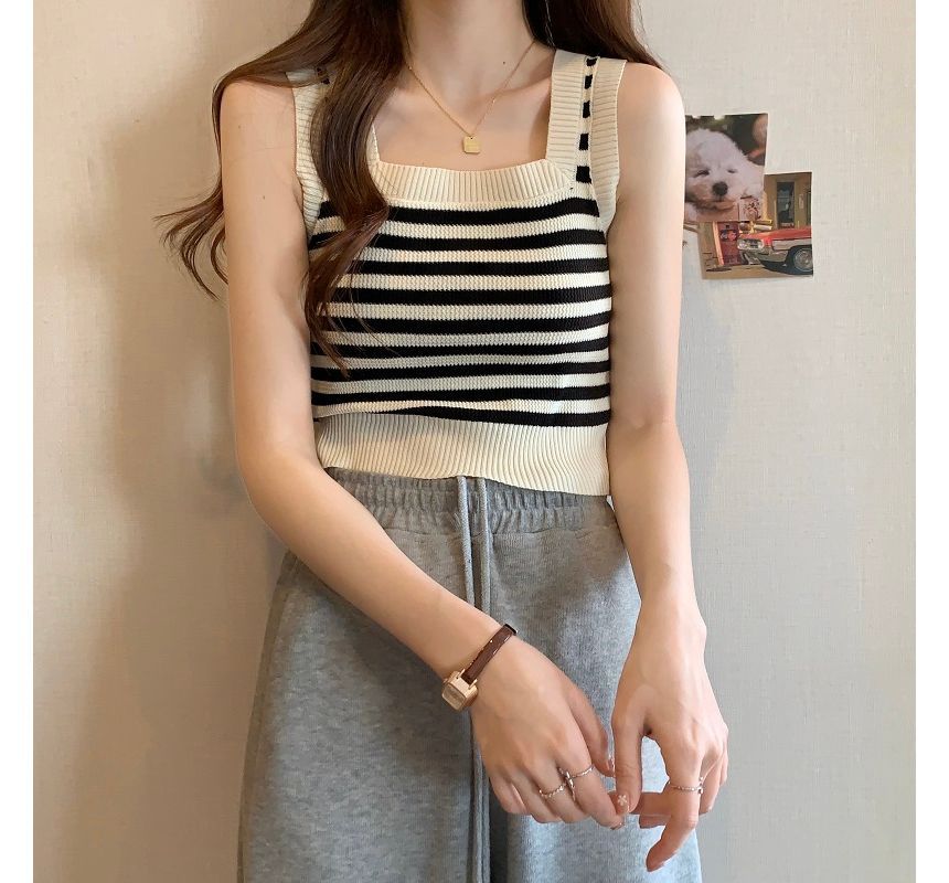 Neck Top Striped Square Crop Tank