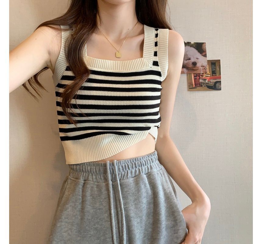 Neck Top Striped Square Crop Tank