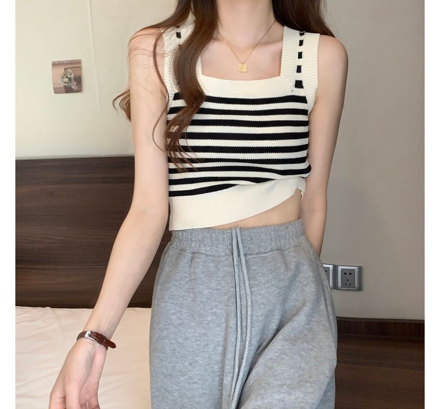Neck Top Striped Square Crop Tank