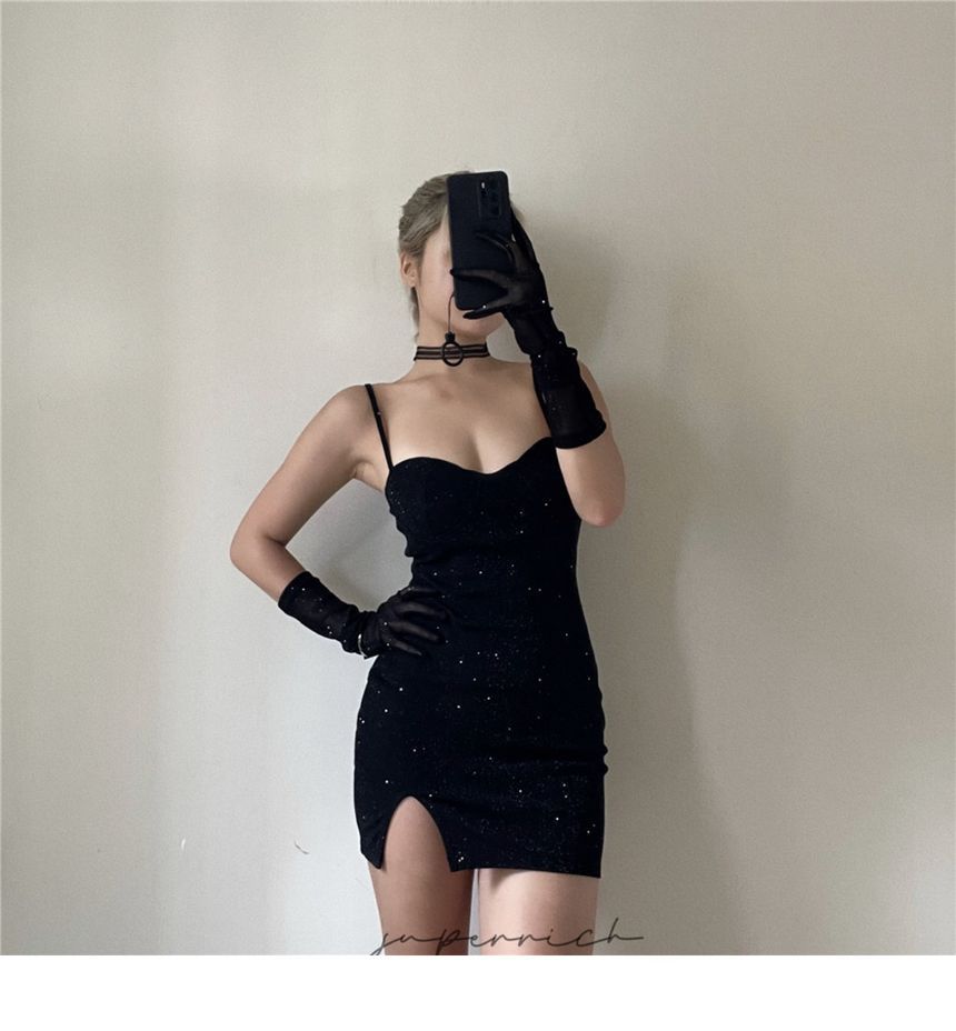 Strap Mini Rhinestone Bodycon Long Gloves Sweetheart Neckline Dress Spaghetti Set: +