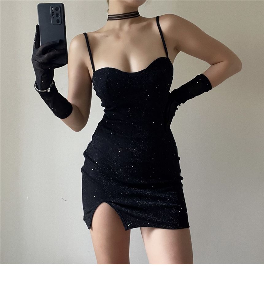Strap Mini Rhinestone Bodycon Long Gloves Sweetheart Neckline Dress Spaghetti Set: +
