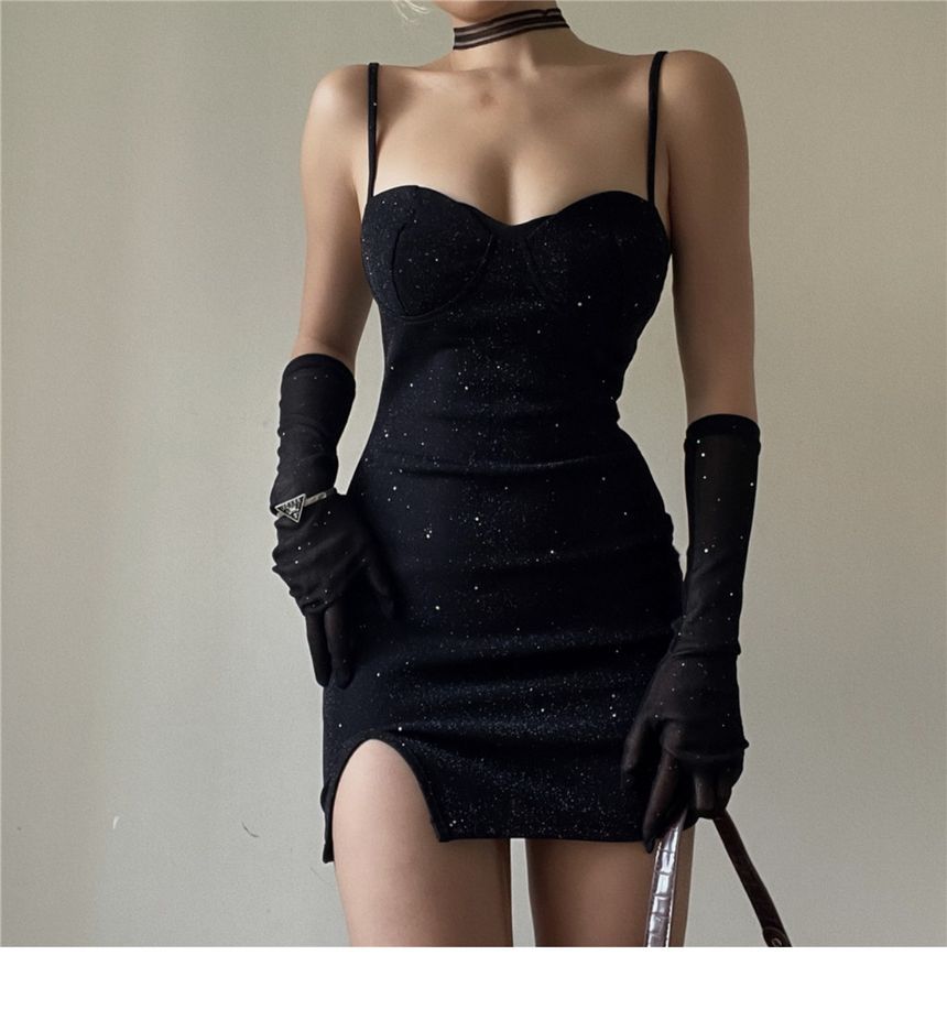 + Rhinestone Gloves Set: Spaghetti Neckline Bodycon Sweetheart Strap Dress Mini Long