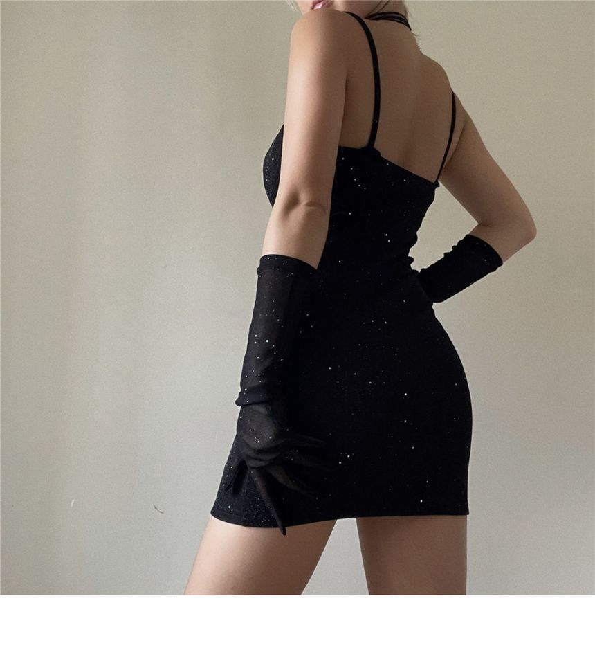 + Rhinestone Gloves Set: Spaghetti Neckline Bodycon Sweetheart Strap Dress Mini Long
