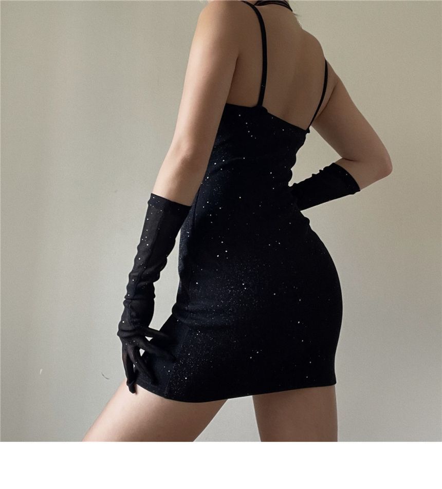 Strap Mini Rhinestone Bodycon Long Gloves Sweetheart Neckline Dress Spaghetti Set: +