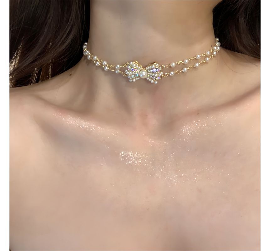 Alloy Choker Bow Faux Pearl Layered