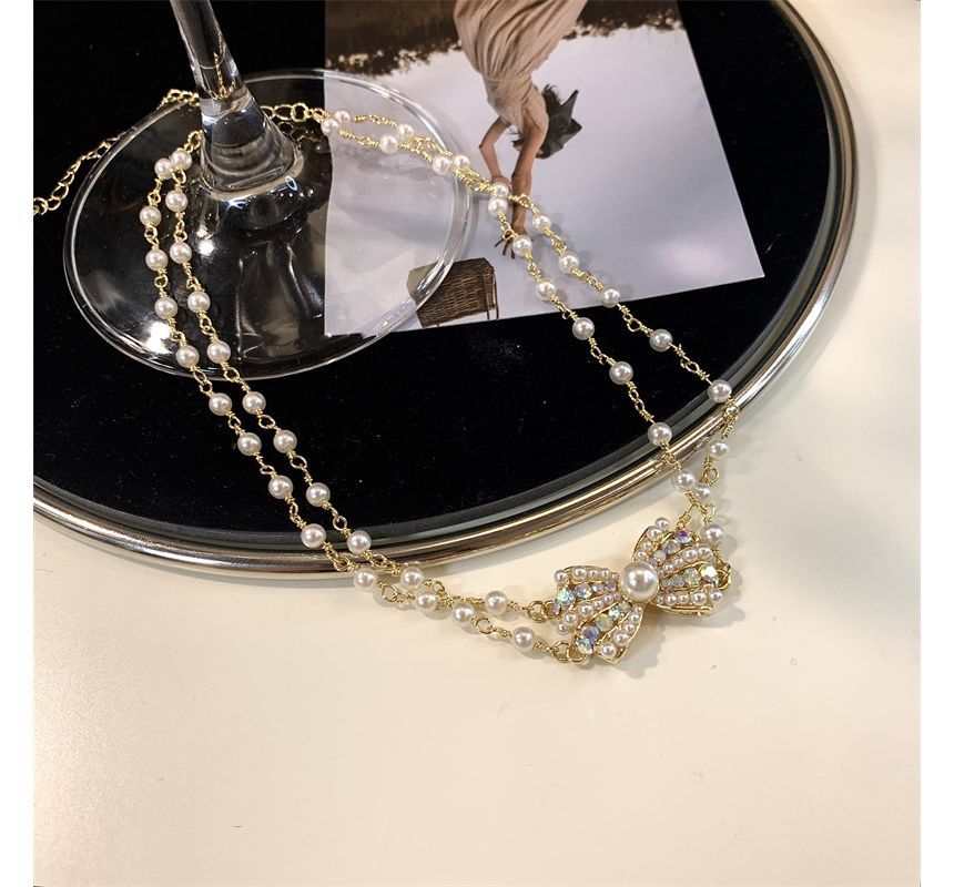 Alloy Choker Bow Faux Pearl Layered