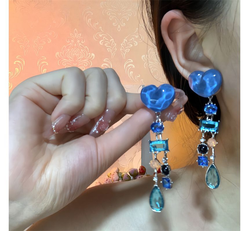 Heart Fringed Rhinestone Earring Alloy
