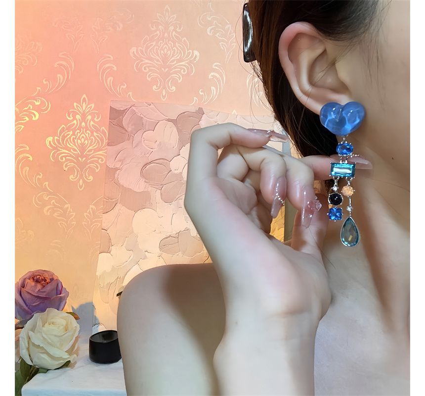 Heart Fringed Rhinestone Earring Alloy