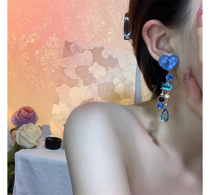 Heart Fringed Rhinestone Earring Alloy