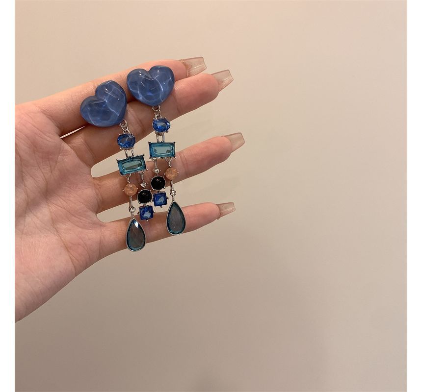 Heart Fringed Rhinestone Earring Alloy