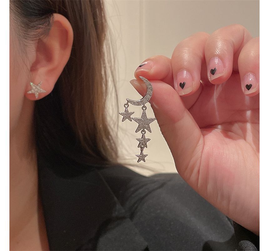 Asymmetrical Moon Alloy Star Fringed Earring