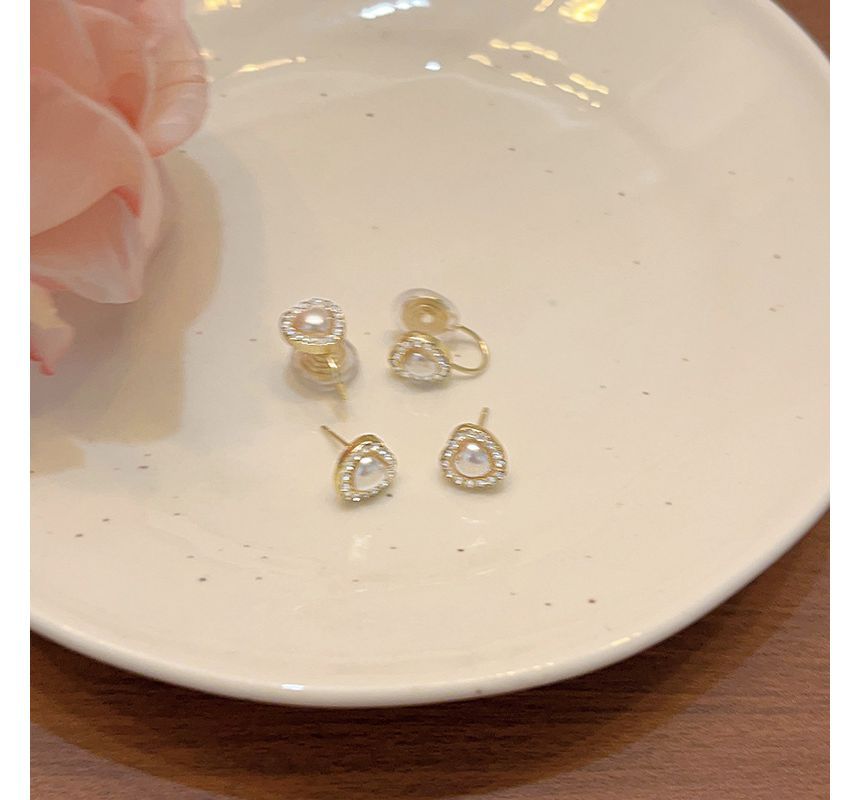 Rhinestone / Earring Heart Clip-On Stud Pearl Faux