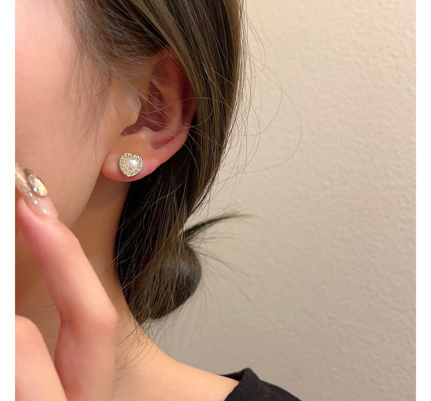 Rhinestone / Earring Heart Clip-On Stud Pearl Faux