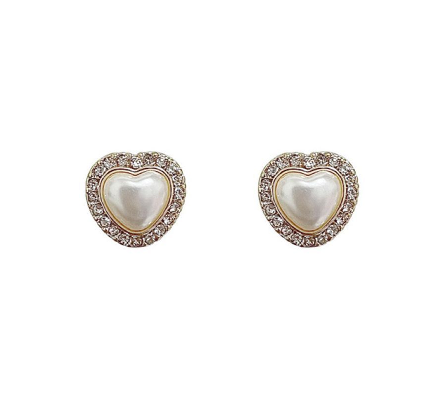 Rhinestone / Earring Heart Clip-On Stud Pearl Faux