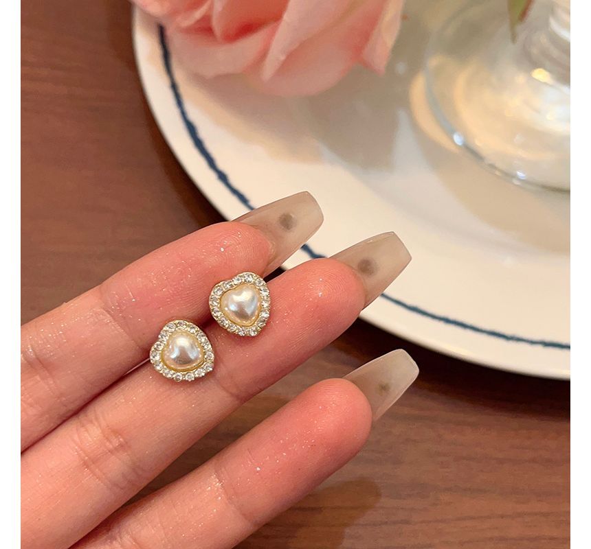Rhinestone / Earring Heart Clip-On Stud Pearl Faux