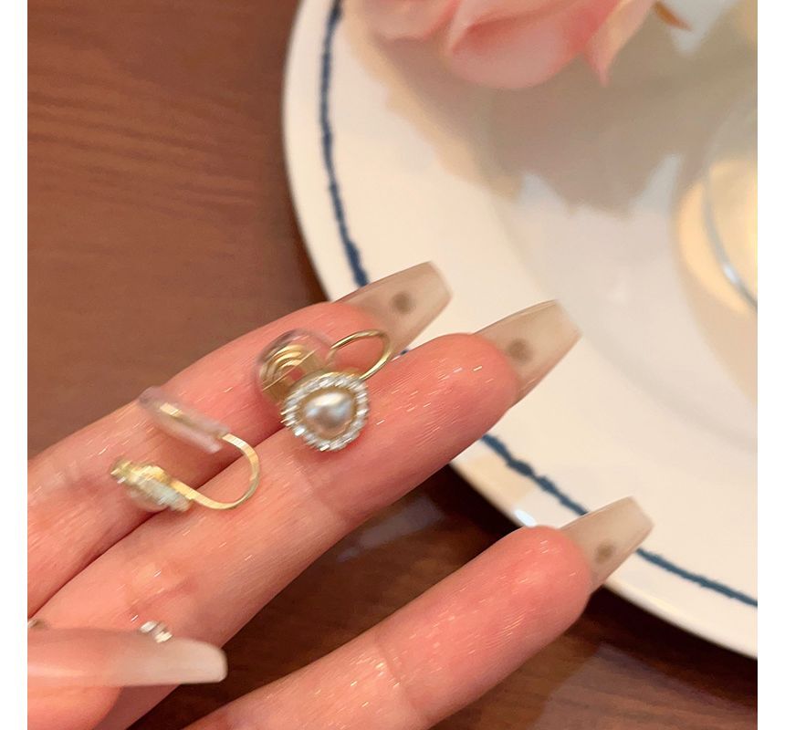 Rhinestone / Earring Heart Clip-On Stud Pearl Faux