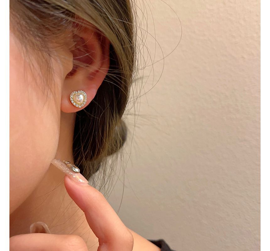 Rhinestone / Earring Heart Clip-On Stud Pearl Faux