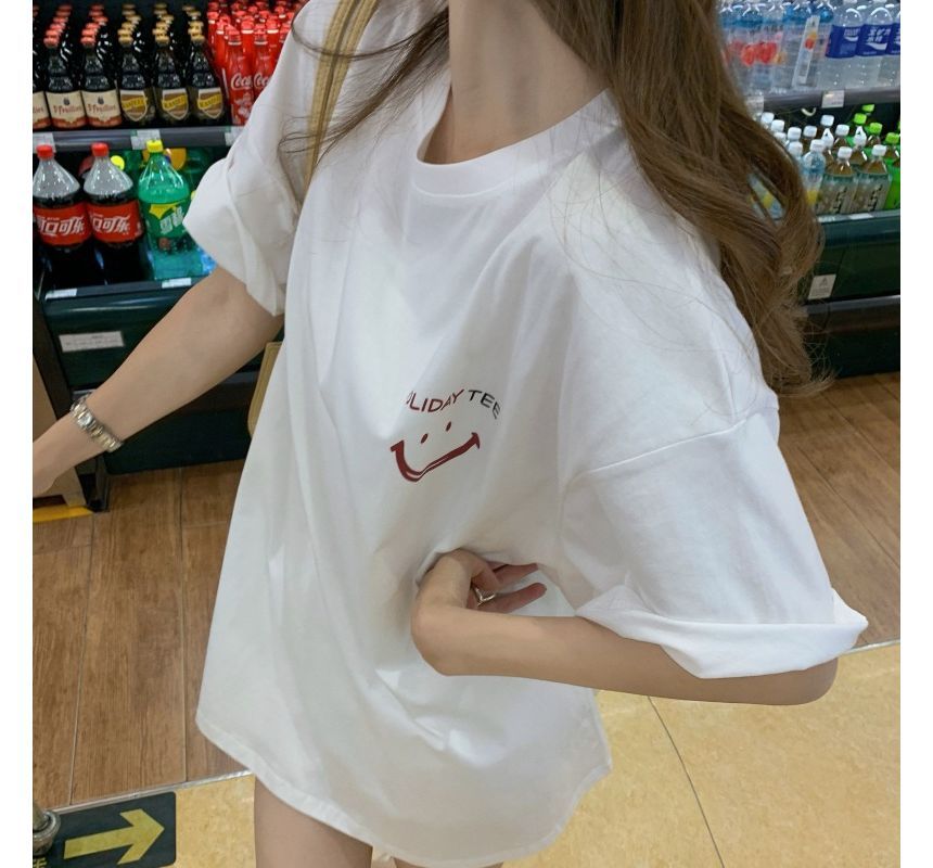 Smiley Tee Crew Print Short-Sleeve Face Tunic Neck