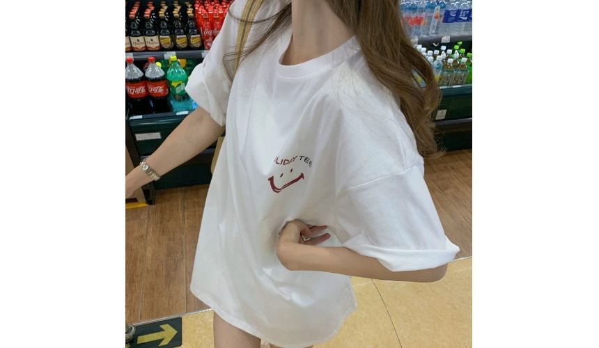 Smiley Tee Crew Print Short-Sleeve Face Tunic Neck